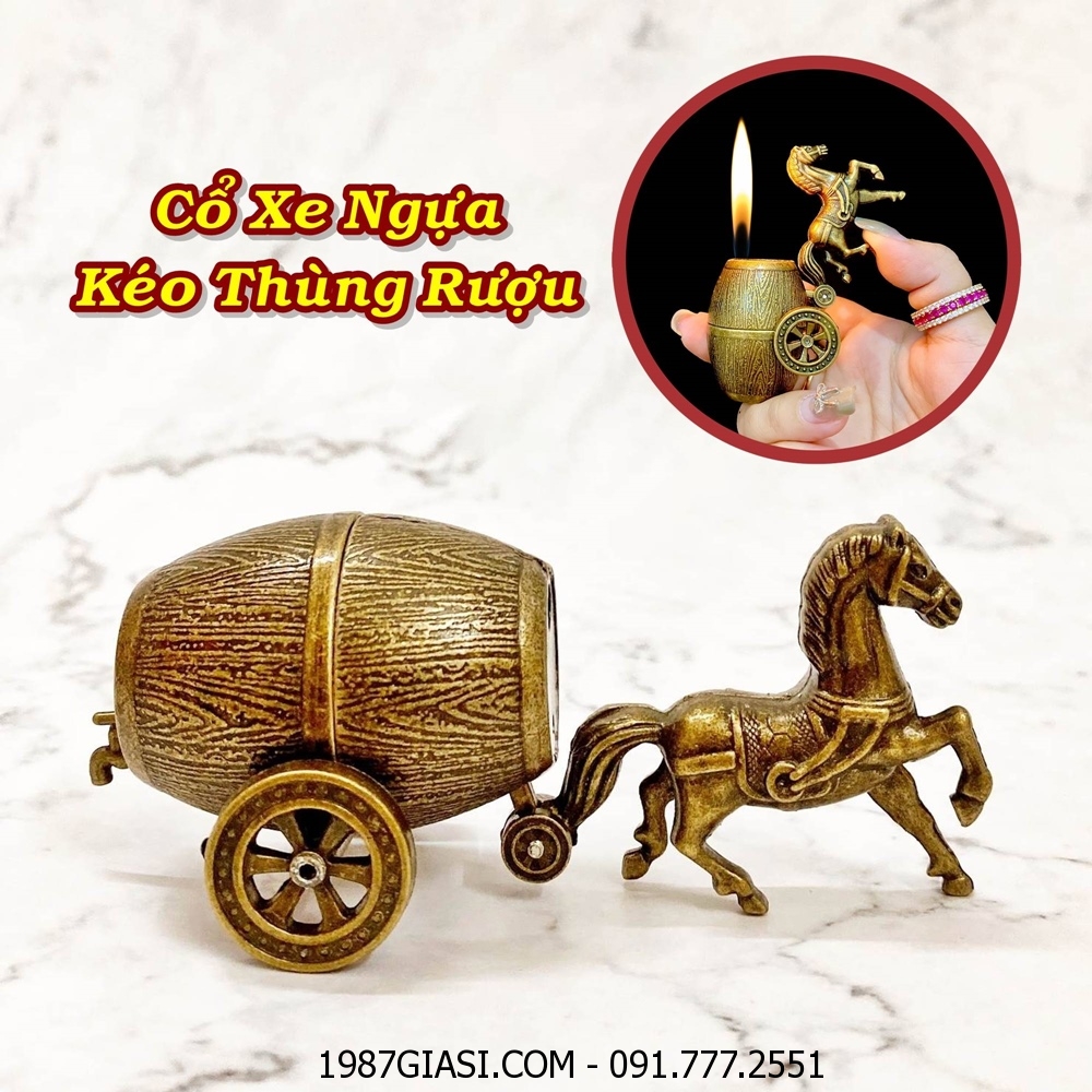 BẬT LỬA HÌNH CỔ XE NGỰA KÉO THÙNG RƯỢU (BẬT LỬA ĐỂ BÀN) - (XÀI GAS)