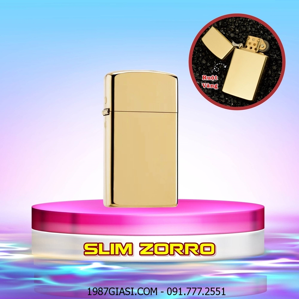 BẬT LỬA ZIPPO SLIM ZORRO TRƠN BÓNG - RUỘT VÀNG (FULL BOX) - (XÀI XĂNG) #VÀNG