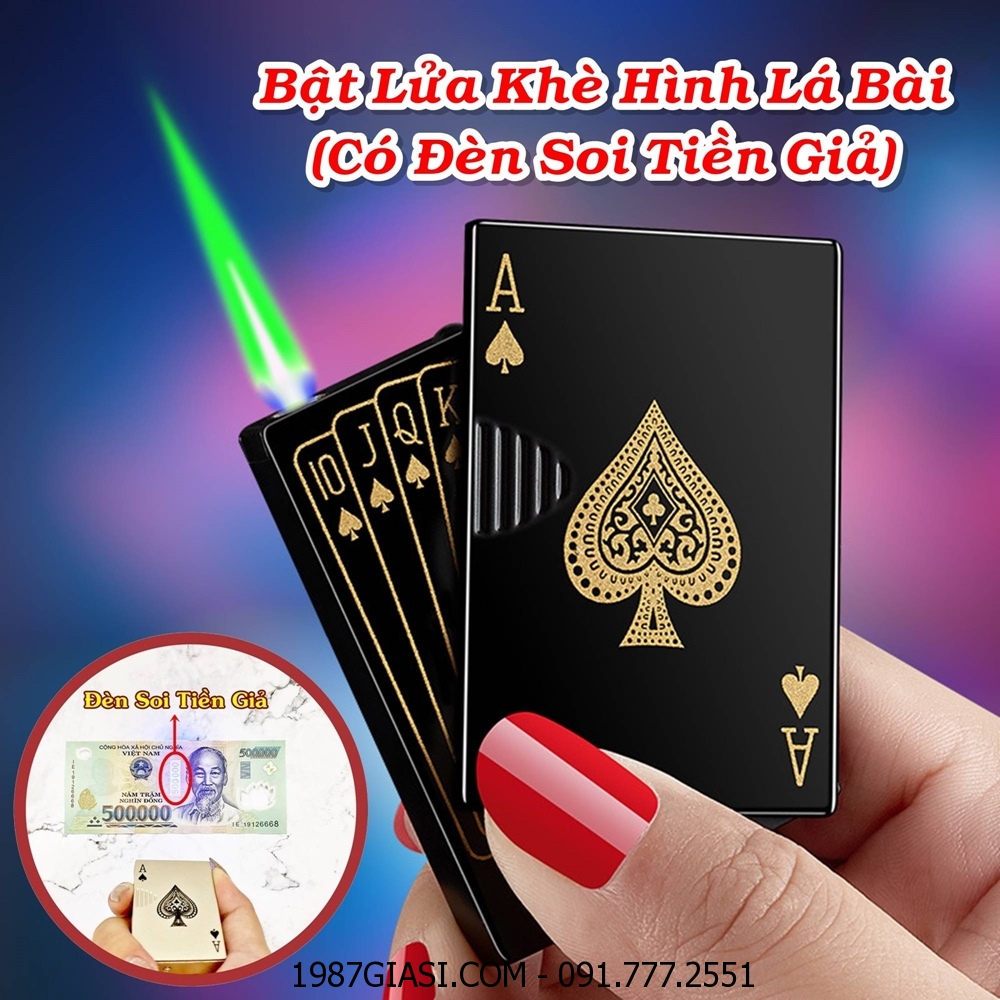 BẬT LỬA KHÈ HÌNH LÁ BÀI CÓ ĐÈN SOI TIỀN GIẢ (KIM LOẠI) - (XÀI GAS) #ĐEN