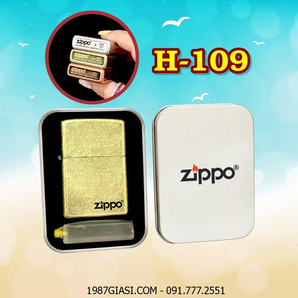 BẬT LỬA ZIPPO VÀNG CỔ TRƠN (HỘP THIẾC KÈM XĂNG) (CÓ MỘC ĐÁY) H-109 VÀNG CỔ