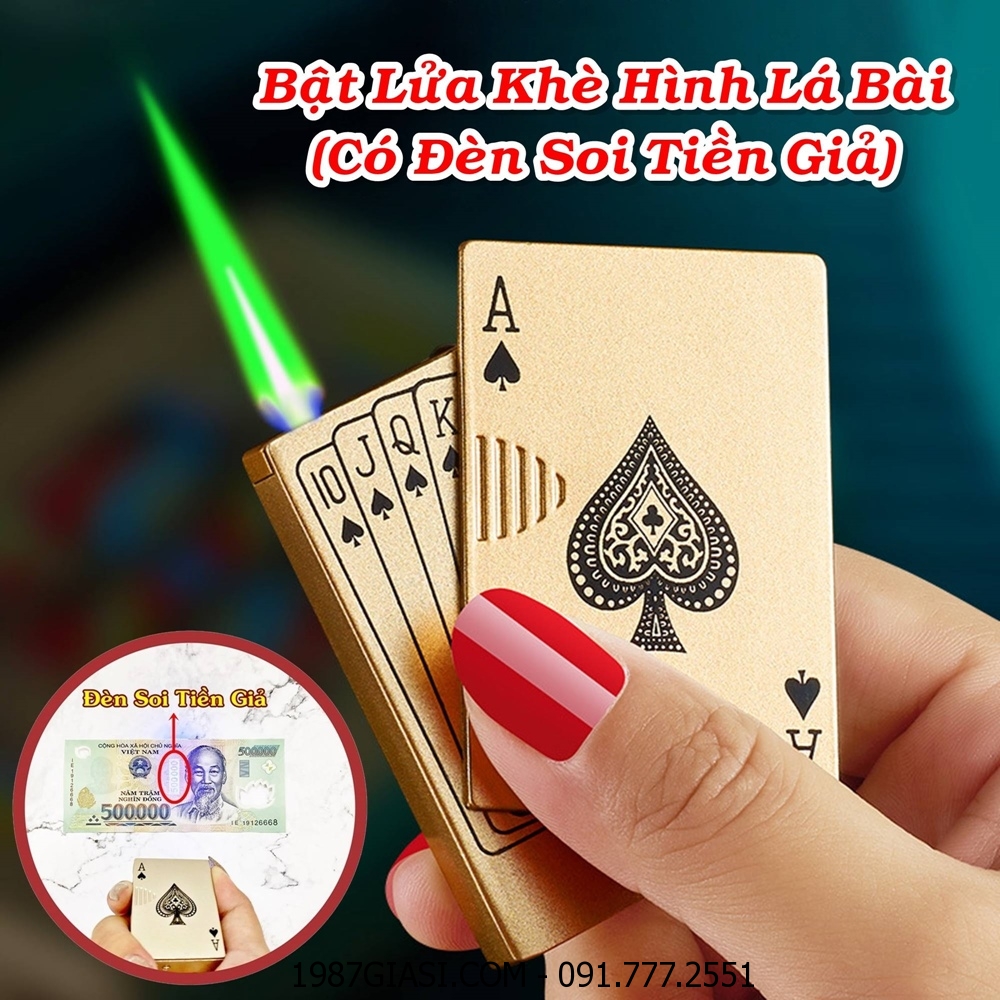 BẬT LỬA KHÈ HÌNH LÁ BÀI CÓ ĐÈN SOI TIỀN GIẢ (KIM LOẠI) - (XÀI GAS) #VÀNG