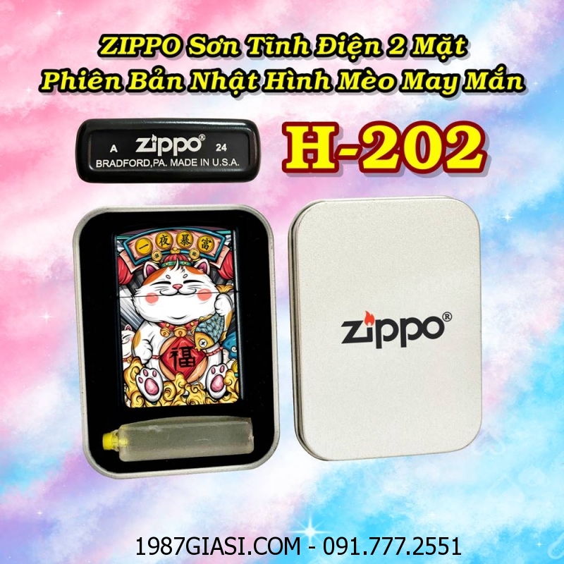 BẬT LỬA ZIPPO SƠN TĨNH ĐIỆN 2 MẶT PHIÊN BẢN NHẬT HÌNH MÈO MAY MẮN (CÓ MỘC ĐÁY) - (HỘP THIẾC KÈM XĂNG) H-202