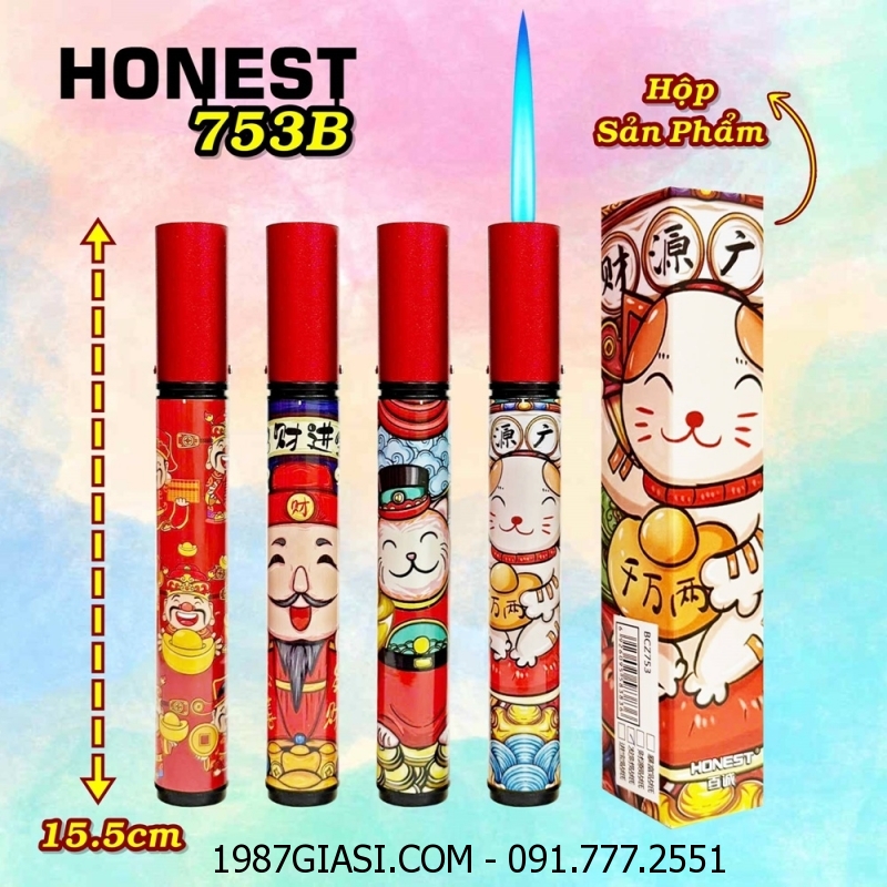 BẬT LỬA KHÈ HONEST 753B HÌNH MÈO THẦN TÀI (KIM LOẠI) FULLBOX - (XÀI GAS)