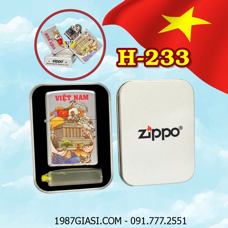 BẬT LỬA ZIPPO SƠN TĨNH ĐIỆN HÌNH LĂNG CHỦ TỊCH HỒ CHÍ MINH VIỆT NAM (LĂNG BÁC HỒ) (CÓ MỘC ĐÁY) (HỘP THIẾC KÈM XĂNG) H-233