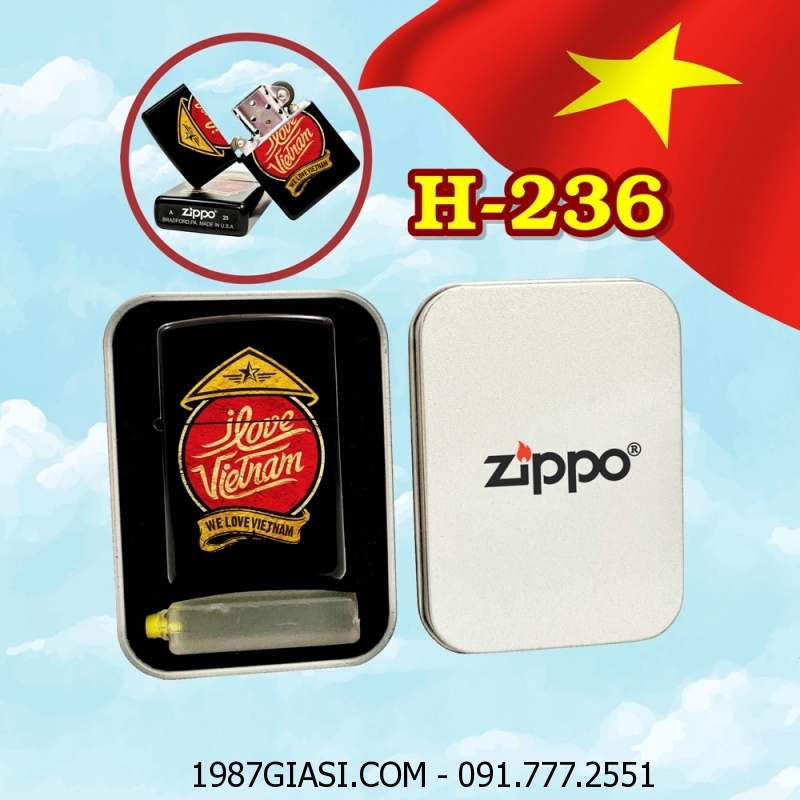 BẬT LỬA ZIPPO SƠN TĨNH ĐIỆN HÌNH I LOVE VIỆT NAM (CÓ MỘC ĐÁY) (HỘP THIẾC KÈM XĂNG) H-236