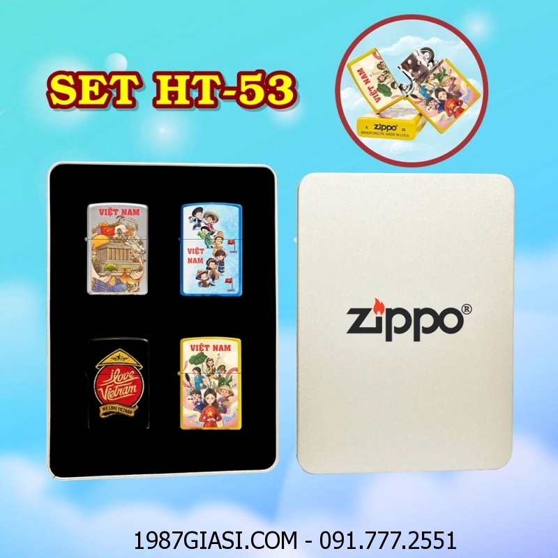 BỘ 4 BẬT LỬA ZIPPO SƠN TĨNH ĐIỆN CHỦ ĐỀ VIỆT NAM (CÓ MỘC ĐÁY) (HỘP THIẾC) - (XÀI XĂNG) #SET HT-53