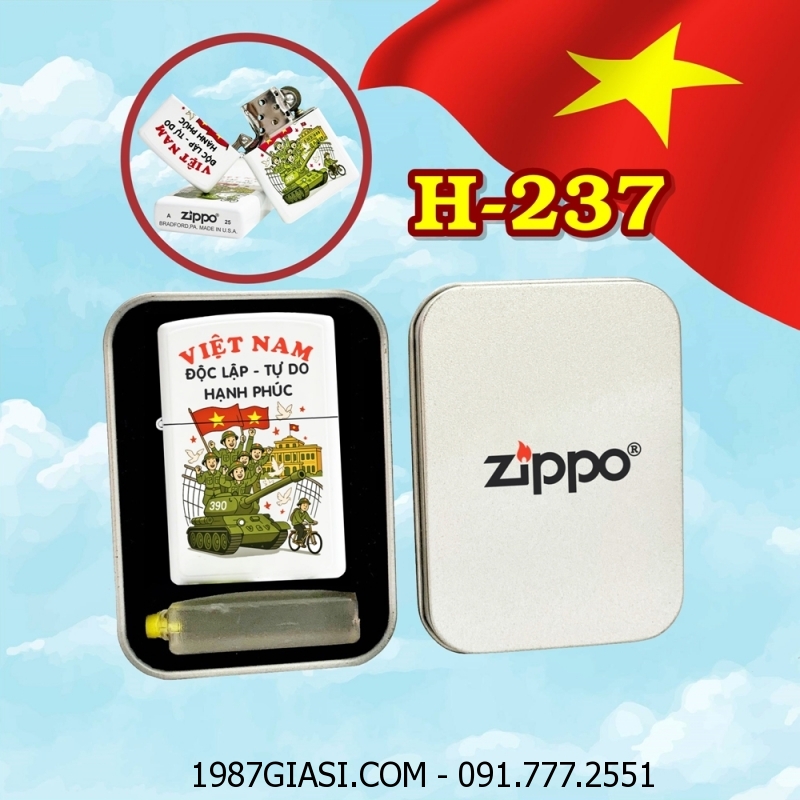 BẬT LỬA ZIPPO SƠN TĨNH ĐIỆN HÌNH VIỆT NAM ĐỘC LẬP TỰ DO (CÓ MỘC ĐÁY) (HỘP THIẾC KÈM XĂNG) H-237