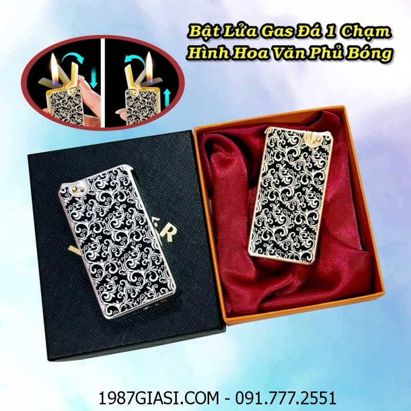 BẬT LỬA GAS ĐÁ 1 CHẠM HÌNH HOA VĂN PHỦ BÓNG (CÓ HỘP) - (XÀI GAS)