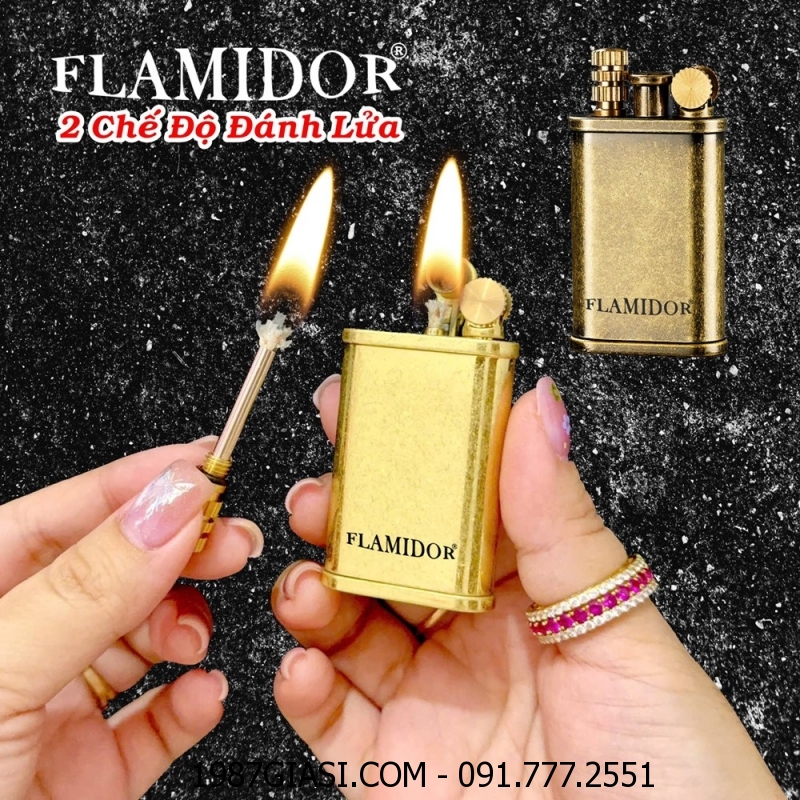 BẬT LỬA XĂNG ĐÁ FLAMIDOR 2 CHẾ ĐỘ ĐÁNH LỬA (KIM LOẠI NGUYÊN KHỐI) - (XÀI XĂNG)