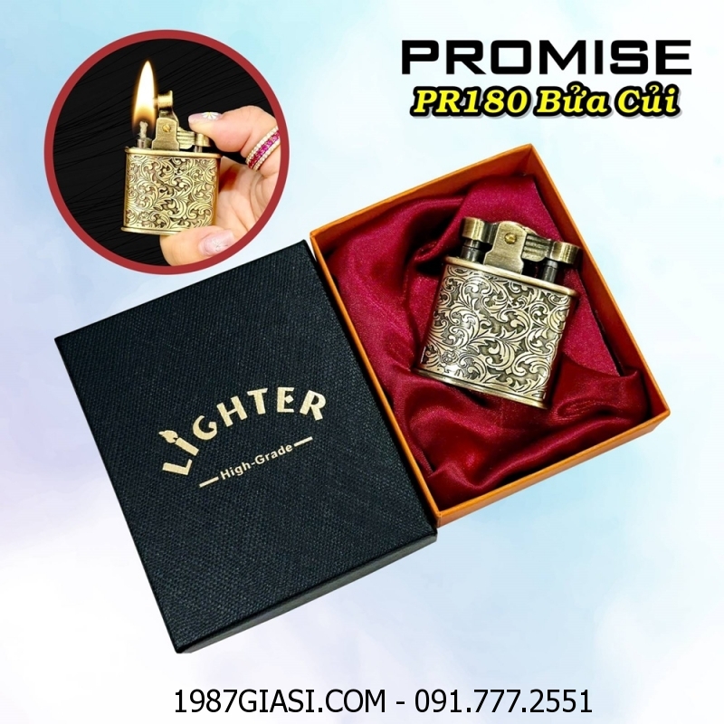 BẬT LỬA XĂNG ĐÁ PROMISE PR180 KIỂU BỬA CỦI HÌNH HOA VĂN (CÓ HỘP) - (XÀI XĂNG)