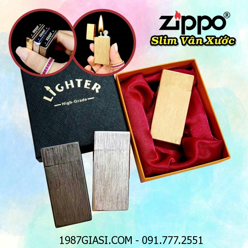 BẬT LỬA ZIPPO SLIM VÂN XƯỚC (CÓ HỘP) - (XÀI XĂNG)