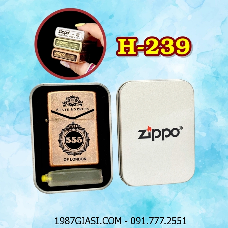 BẬT LỬA ZIPPO ĐỒNG CỔ HÌNH GÓI THUỐC LÁ 555 (CÓ MỘC ĐÁY) (HỘP THIẾC KÈM XĂNG) H-239