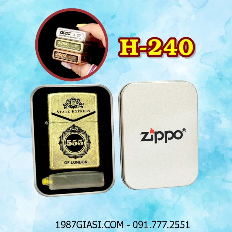 BẬT LỬA ZIPPO VÀNG CỔ HÌNH GÓI THUỐC LÁ 555 (CÓ MỘC ĐÁY) (HỘP THIẾC KÈM XĂNG) H-240