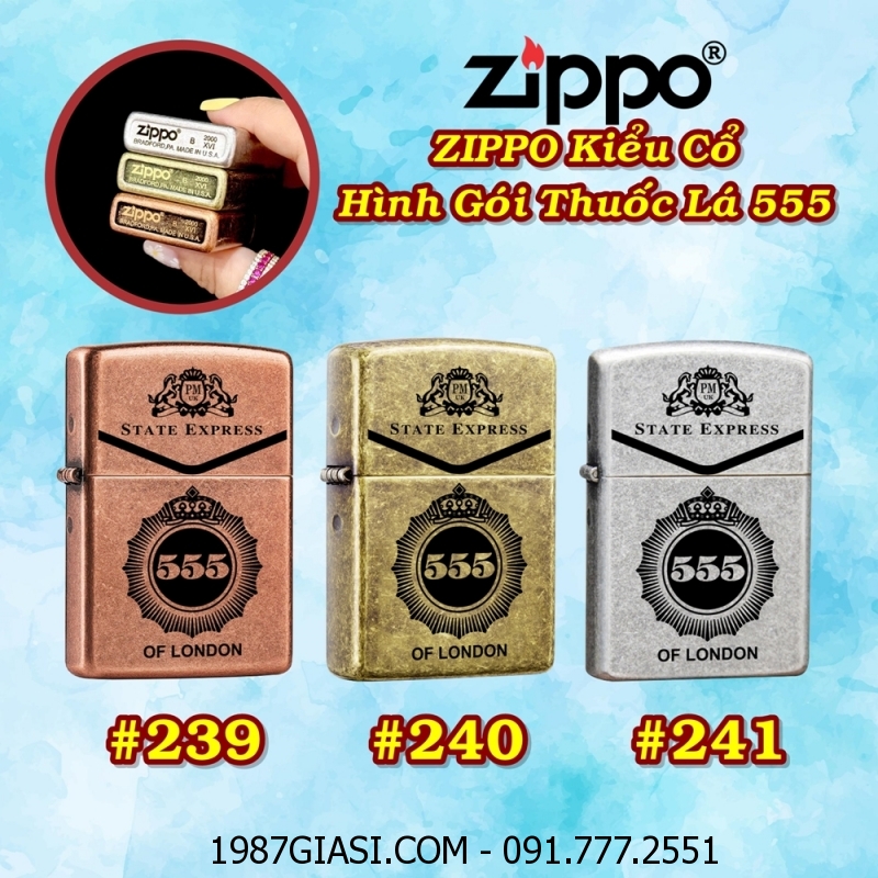 BẬT LỬA ZIPPO KIỂU CỔ HÌNH GÓI THUỐC LÁ 555 (CÓ MỘC ĐÁY) - (XÀI XĂNG)