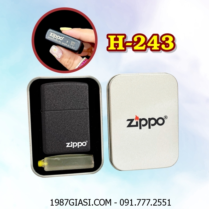 BẬT LỬA ZIPPO ĐEN NHÁM TRƠN (CÓ MỘC ĐÁY) (HỘP THIẾC KÈM XĂNG) H-243