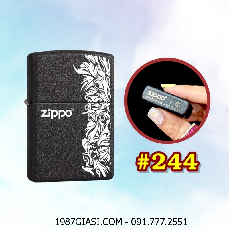 BẬT LỬA ZIPPO ĐEN NHÁM HÌNH HOA VĂN (CÓ MỘC ĐÁY) - (XÀI XĂNG) #244