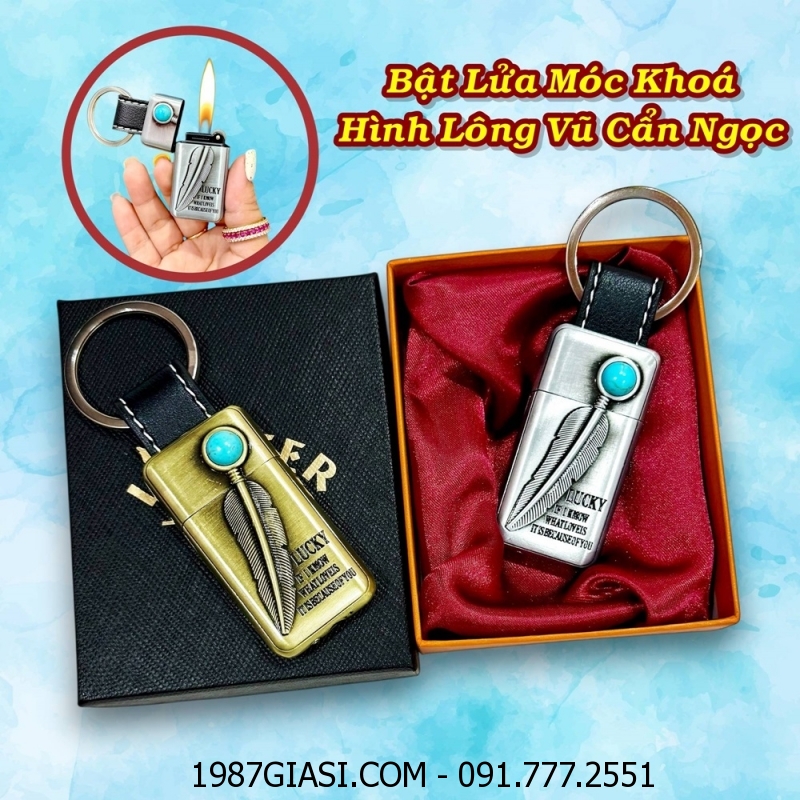 BẬT LỬA GAS ĐÁ MÓC KHOÁ HÌNH LÔNG VŨ CẨN NGỌC (CÓ HỘP) - (XÀI GAS)