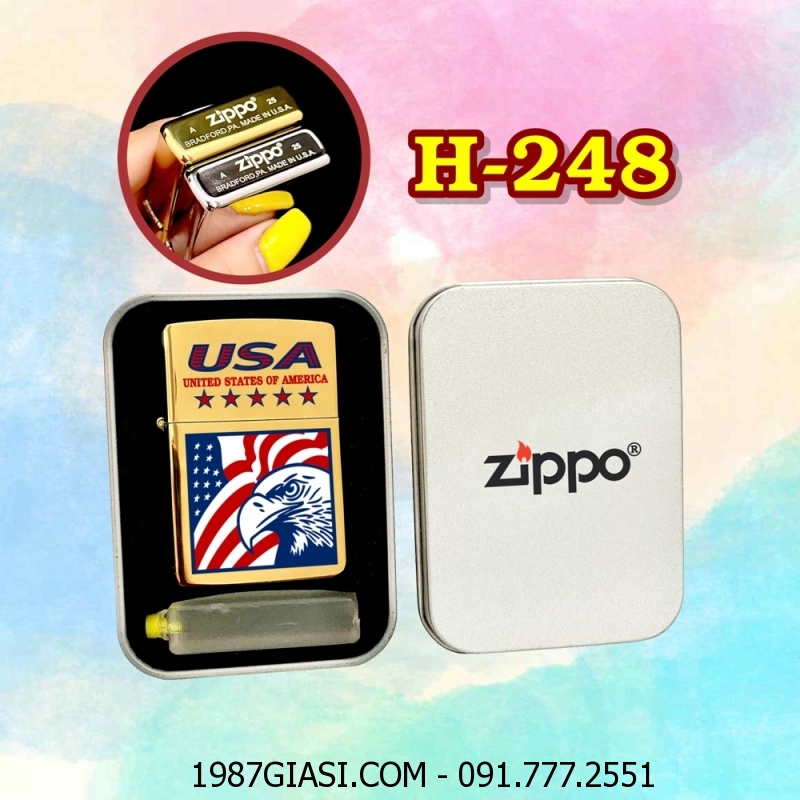 BẬT LỬA ZIPPO TRƠN BÓNG IN MÀU HÌNH ĐẠI BÀNG NƯỚC MỸ (CÓ MỘC ĐÁY) (HỘP THIẾC KÈM XĂNG) H-248 VÀNG