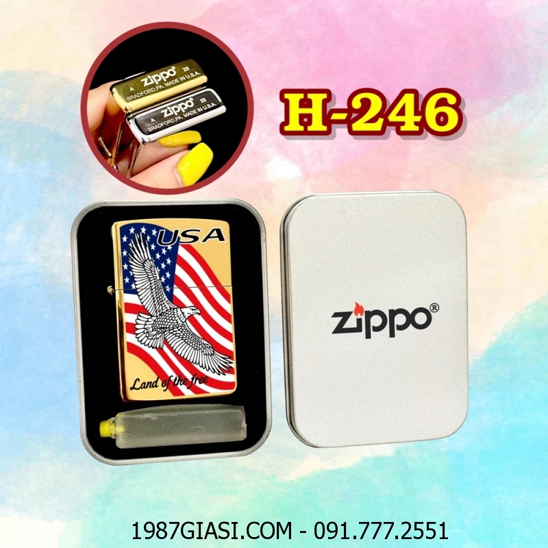 BẬT LỬA ZIPPO TRƠN BÓNG IN MÀU HÌNH ĐẠI BÀNG TUNG CÁNH (CÓ MỘC ĐÁY) (HỘP THIẾC KÈM XĂNG) H-246 VÀNG