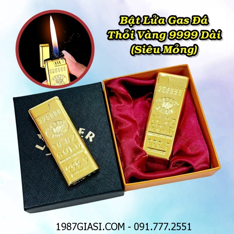 BẬT LỬA GAS ĐÁ HÌNH THỎI VÀNG 9999 DÀI SIÊU MỎNG (CÓ HỘP) - (XÀI GAS)