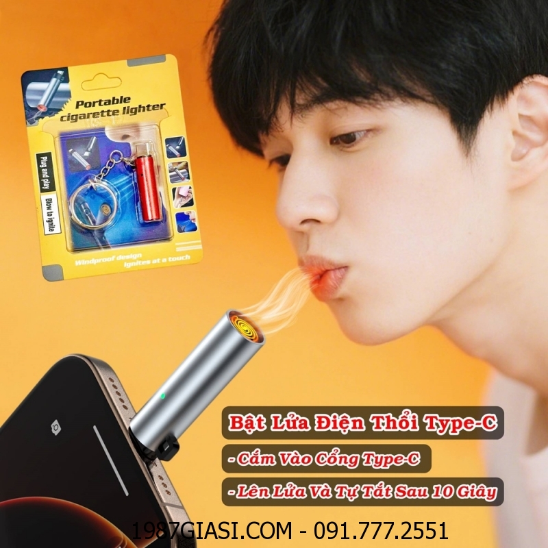 BẬT LỬA ĐIỆN THỔI TYPE-C CÓ MÓC KHOÁ (BẬT LỬA TIỆN LỢI CẮM TRỰC TIẾP VÀO CỔNG TYPE-C) KIM LOẠI - FULLBOX