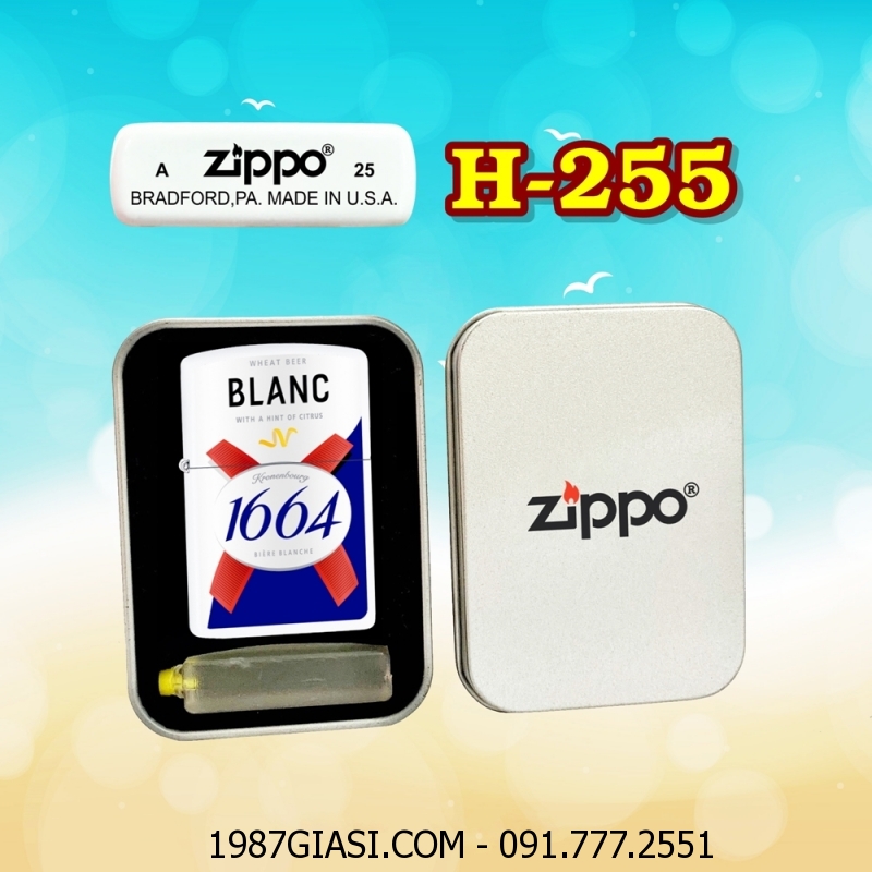 BẬT LỬA ZIPPO SƠN TĨNH ĐIỆN 2 MẶT HÌNH LOGO BIA 1664 BLANC (CÓ MỘC ĐÁY) (HỘP THIẾC KÈM XĂNG) H-255