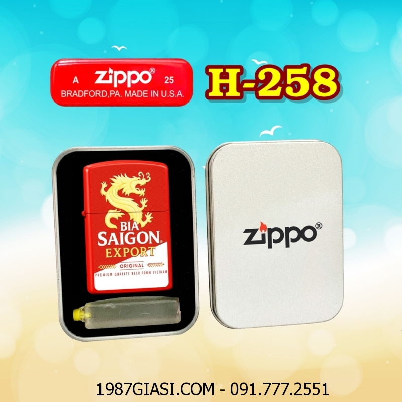 BẬT LỬA ZIPPO SƠN TĨNH ĐIỆN 2 MẶT HÌNH LOGO BIA SÀI GÒN EXPORT (CÓ MỘC ĐÁY) (HỘP THIẾC KÈM XĂNG) H-258