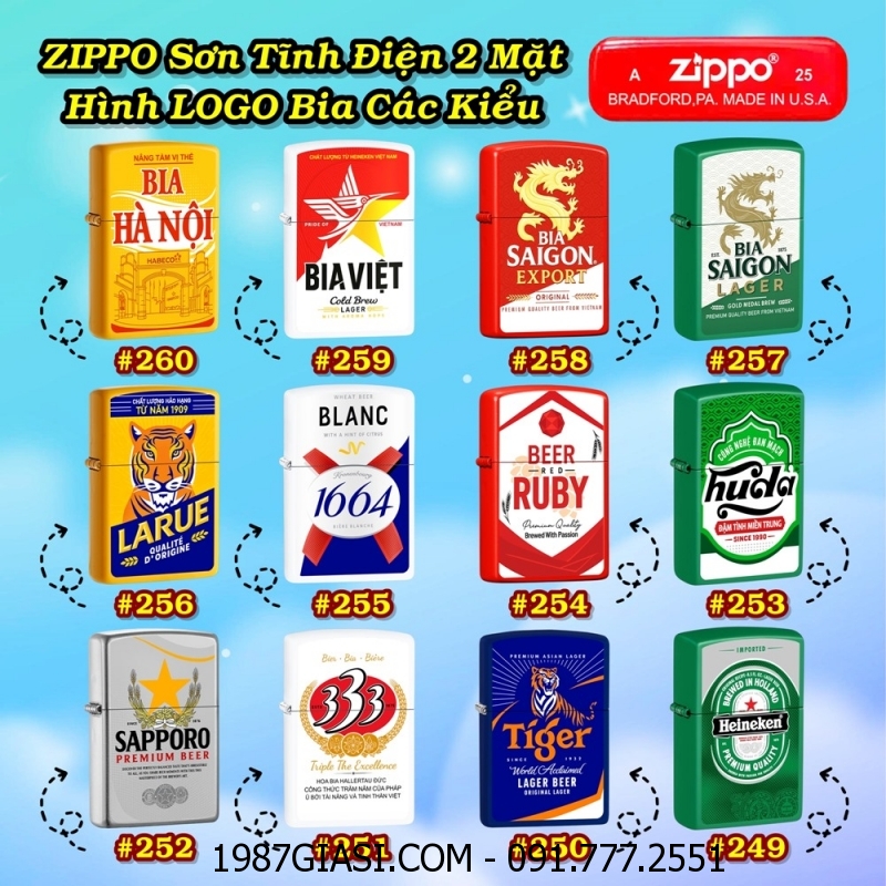BẬT LỬA ZIPPO SƠN TĨNH ĐIỆN 2 MẶT HÌNH LOGO BIA CÁC KIỂU (CÓ MỘC ĐÁY) - (XÀI XĂNG)