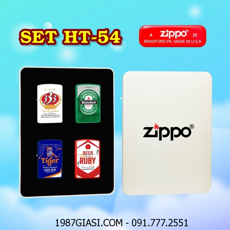 BỘ 4 BẬT LỬA ZIPPO SƠN TĨNH ĐIỆN 2 MẶT HÌNH LOGO BIA CÁC KIỂU (CÓ MỘC ĐÁY) (HỘP THIẾC) - (XÀI XĂNG) #SET HT-54
