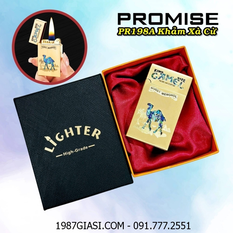 BẬT LỬA XĂNG ĐÁ PROMISE PR198A HÌNH LẠC ĐÀ KHẢM XÀ CỪ (CÓ HỘP) - (XÀI XĂNG)