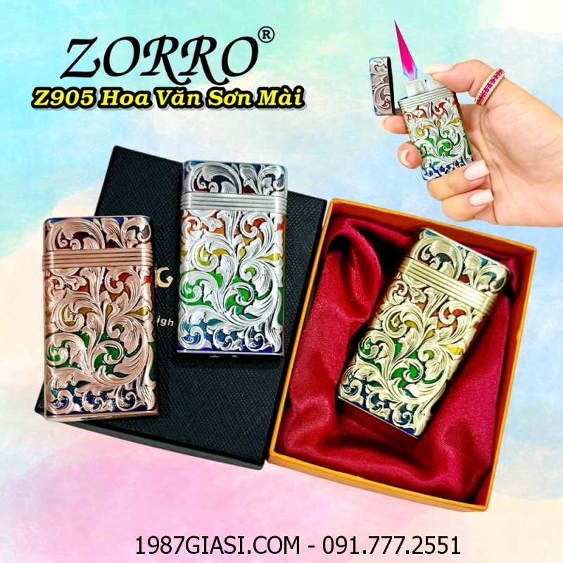 BẬT LỬA KHÈ ZORRO Z905 HÌNH HOA VĂN SƠN MÀI DẬP NỔI 2 MẶT (CÓ HỘP) - (XÀI GAS)