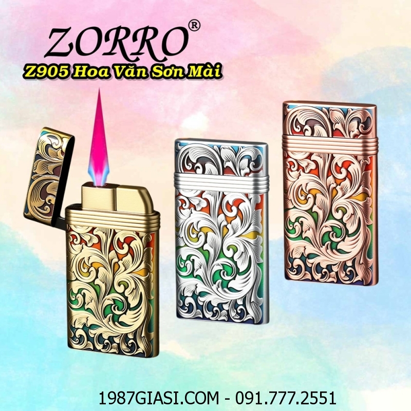 BẬT LỬA KHÈ ZORRO Z905 HÌNH HOA VĂN SƠN MÀI DẬP NỔI 2 MẶT - (XÀI GAS)