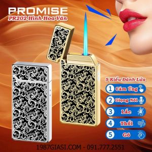 BẬT LỬA CẢM BIẾN GIỌNG NÓI PROMISE PR202 HÌNH HOA VĂN PHỦ BÓNG (CÓ 5 KIỂU ĐÁNH LỬA) (FULLBOX) - (XÀI GAS + SẠC ĐIỆN)
