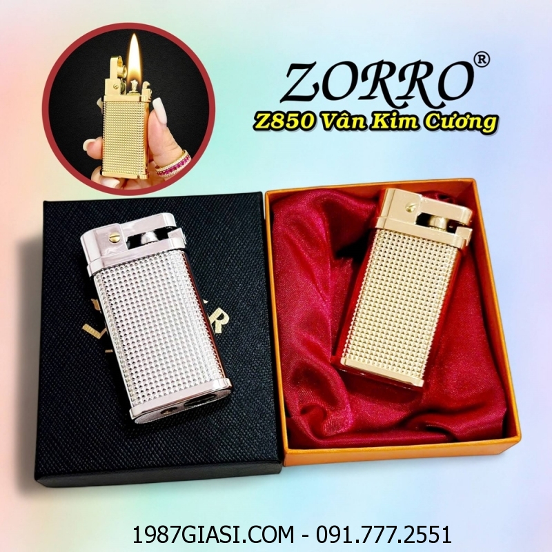 BẬT LỬA XĂNG ĐÁ ZORRO Z850 VÂN KIM CƯƠNG (CÓ HỘP) - (XÀI XĂNG)