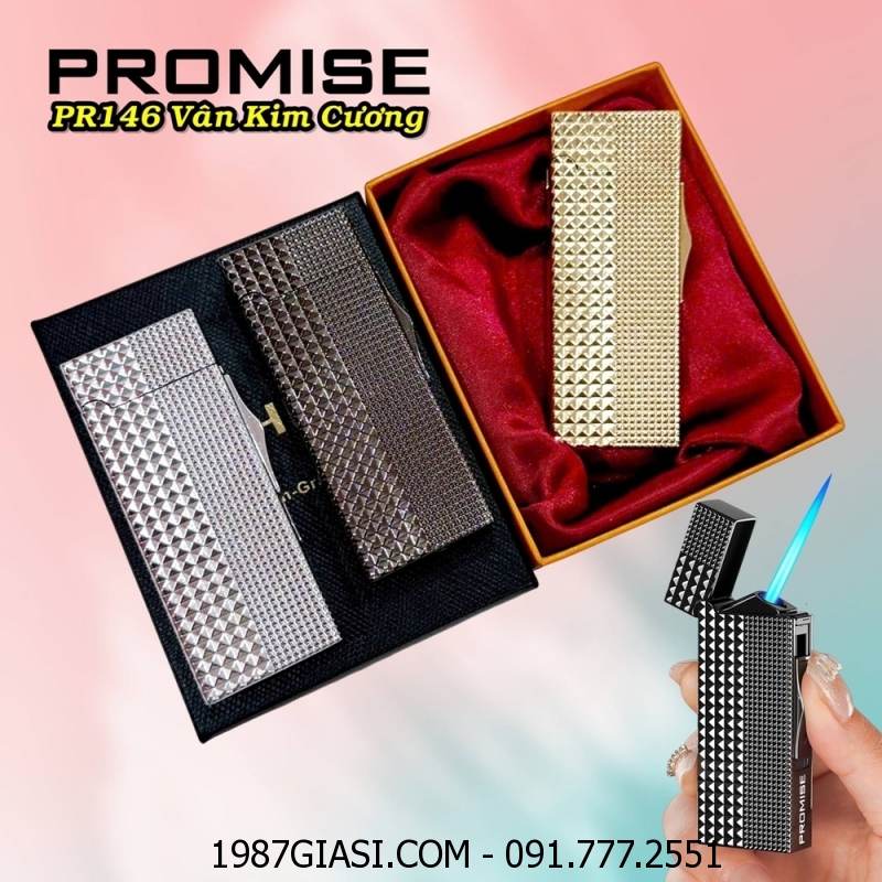 BẬT LỬA KHÈ PROMISE PR146 VÂN KIM CƯƠNG DẬP NỔI 2 MẶT (CÓ HỘP) - (XÀI GAS)