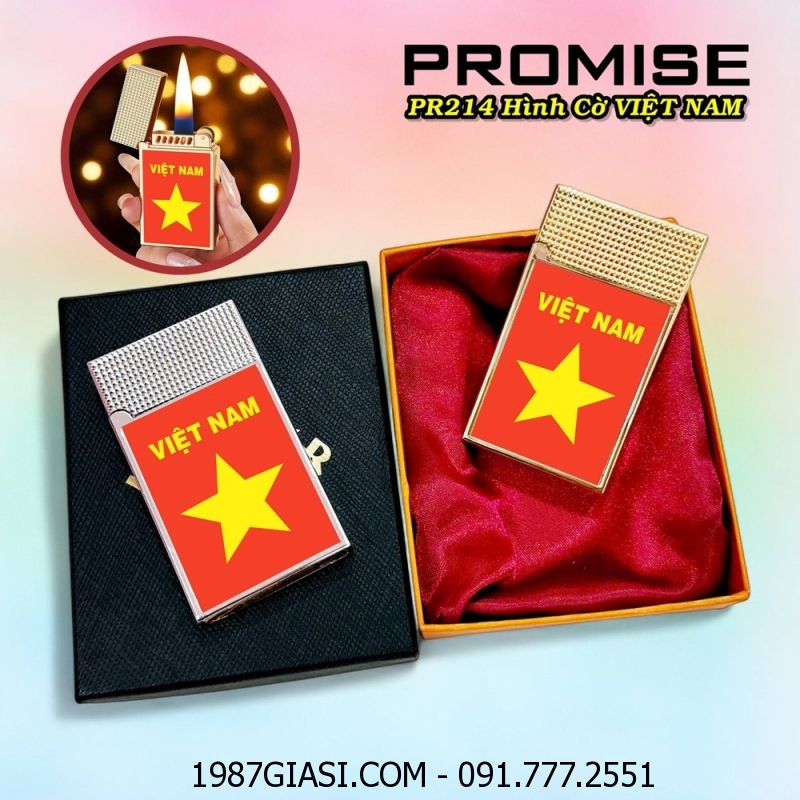 BẬT LỬA XĂNG ĐÁ PROMISE PR214 HÌNH CỜ VIỆT NAM - CỜ ĐỎ SAO VÀNG (CÓ HỘP) - (XÀI XĂNG)