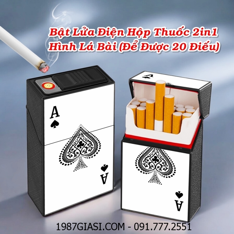 BẬT LỬA ĐIỆN HỘP THUỐC 2IN1 HÌNH LÁ BÀI TRẮNG (ĐỂ ĐƯỢC 20 ĐIẾU THUỐC) (FULLBOX) - (SẠC ĐIỆN) #TRẮNG
