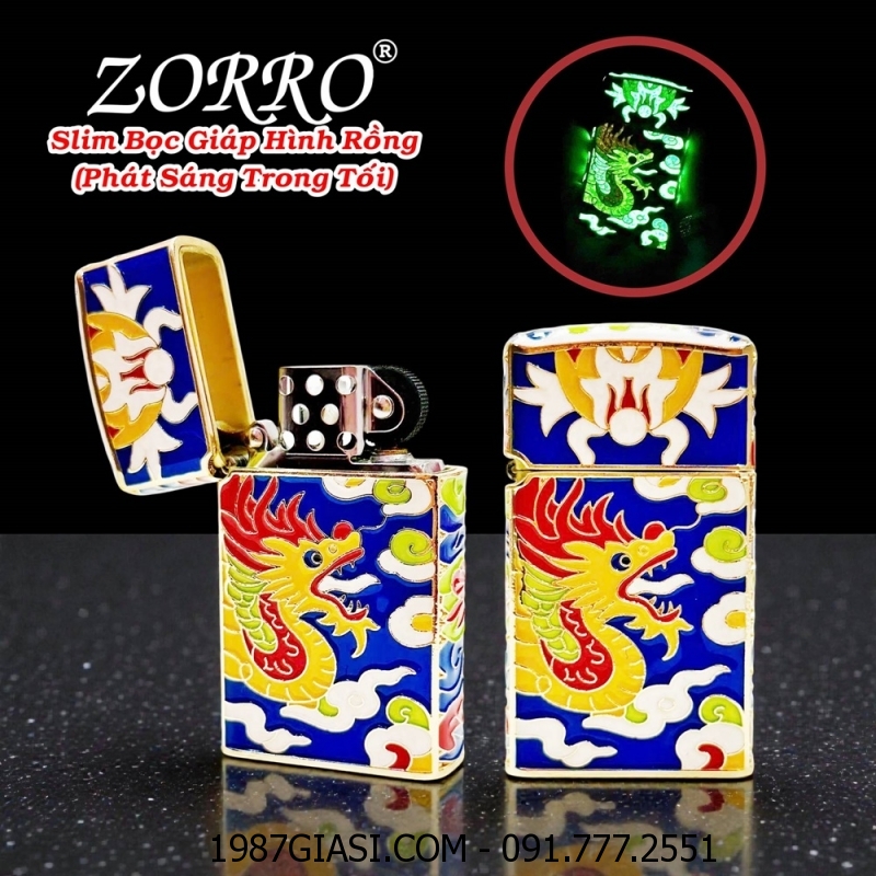 BẬT LỬA ZIPPO SLIM ZORRO BỌC GIÁP HÌNH RỒNG DẠ QUANG PHÁT SÁNG TRONG TỐI (FULLBOX) - (XÀI XĂNG)