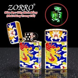 BẬT LỬA ZIPPO SLIM ZORRO BỌC GIÁP HÌNH RỒNG DẠ QUANG PHÁT SÁNG TRONG TỐI (FULLBOX) - (XÀI XĂNG)