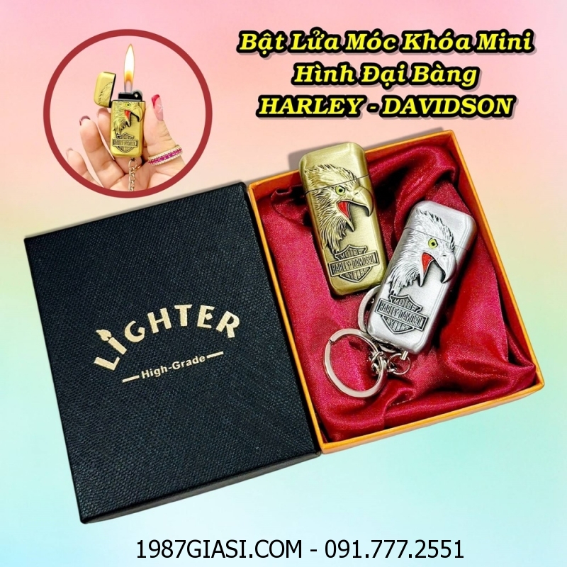 BẬT LỬA GAS ĐÁ MÓC KHÓA MINI HÌNH ĐẠI BÀNG HARLEY - DAVIDSON DẬP NỔI (CÓ HỘP) - (XÀI GAS)
