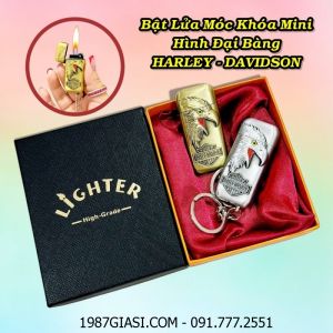 BẬT LỬA GAS ĐÁ MÓC KHÓA MINI HÌNH ĐẠI BÀNG HARLEY - DAVIDSON DẬP NỔI (CÓ HỘP) - (XÀI GAS)