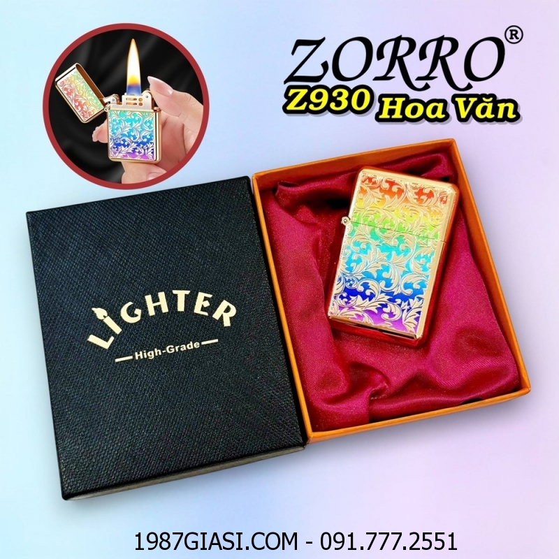 BẬT LỬA XĂNG ĐÁ ZORRO Z930 HÌNH HOA VĂN SƠN MÀU DẬP NỔI 2 MẶT (CÓ HỘP) - (XÀI XĂNG)