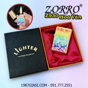 BẬT LỬA XĂNG ĐÁ ZORRO Z930 HÌNH HOA VĂN SƠN MÀU DẬP NỔI 2 MẶT (CÓ HỘP) - (XÀI XĂNG)